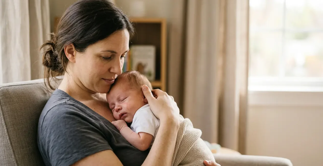 Parent comforting infant after vaccination with gentle care and reassurance