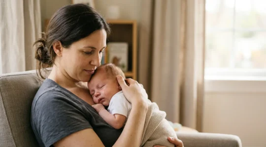 Parent comforting infant after vaccination with gentle care and reassurance