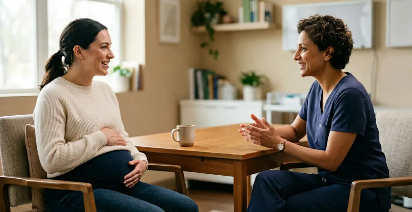 Healthcare provider and expectant parent having collaborative discussion about birth preferences in calm medical setting