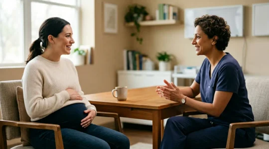 Healthcare provider and expectant parent having collaborative discussion about birth preferences in calm medical setting
