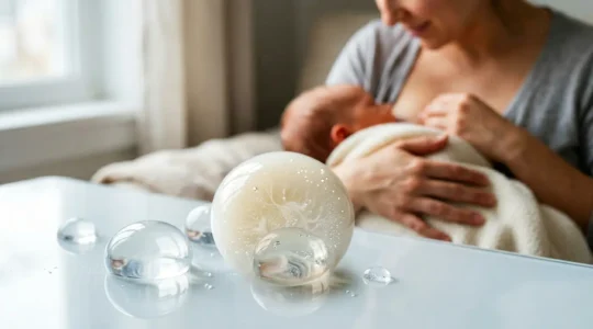 Scientific visualization showing the dynamic immune transfer from mother to infant through breastfeeding