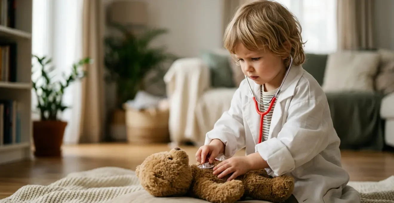 Young child engaging in imaginative medical role-play with toy medical equipment