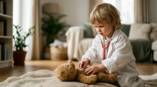 Young child engaging in imaginative medical role-play with toy medical equipment