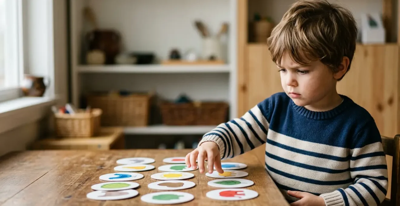 Young child deeply focused while playing a colorful memory matching card game, demonstrating concentration and cognitive engagement