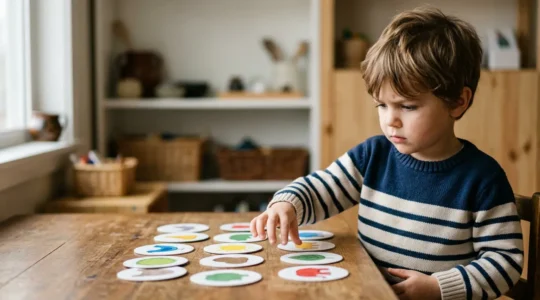 Young child deeply focused while playing a colorful memory matching card game, demonstrating concentration and cognitive engagement