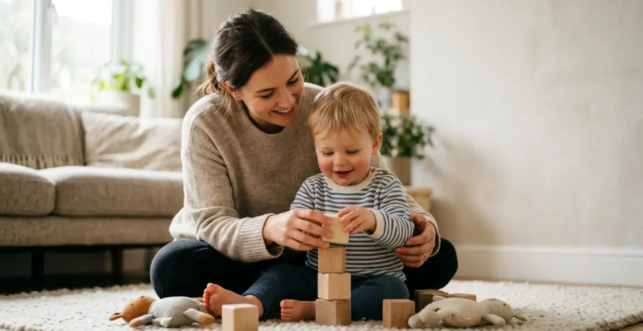 Parent and young child collaborating during early intervention therapy session in a warm home environment