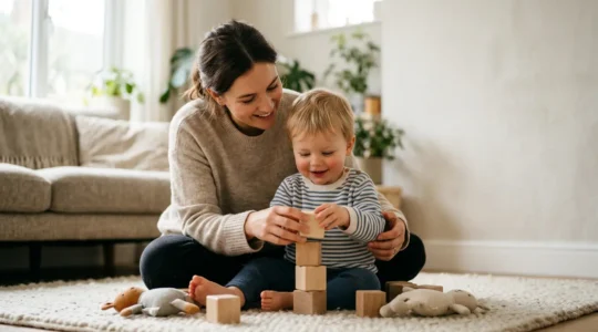 Parent and young child collaborating during early intervention therapy session in a warm home environment
