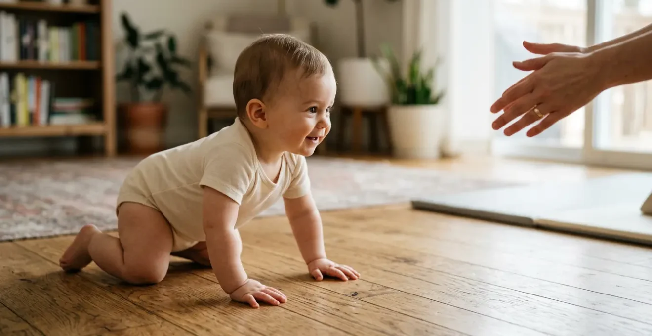 Baby in natural crawling position on clean floor exploring movement with focused parent guidance nearby