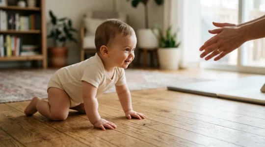 Baby in natural crawling position on clean floor exploring movement with focused parent guidance nearby