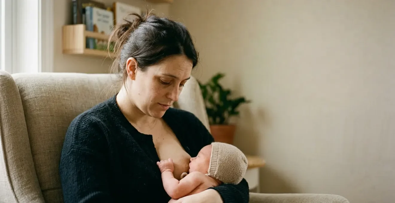 Mother peacefully breastfeeding newborn during intense cluster feeding period in week three