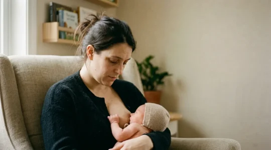 Mother peacefully breastfeeding newborn during intense cluster feeding period in week three