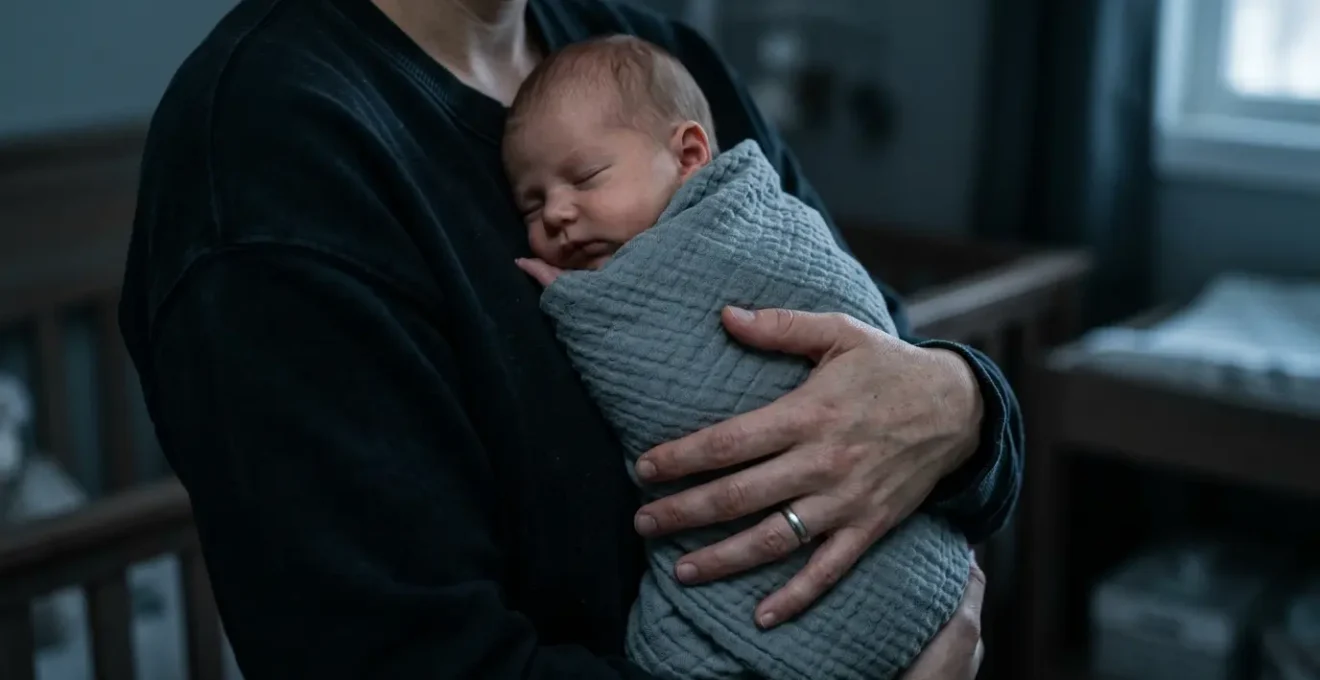 Parent holding sleeping newborn baby during nighttime in dimly lit nursery
