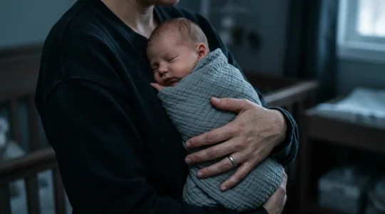 Parent holding sleeping newborn baby during nighttime in dimly lit nursery