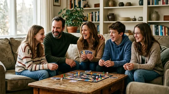 Multi-generational family engaged in meaningful conversation and shared activity, demonstrating connection and cohesion