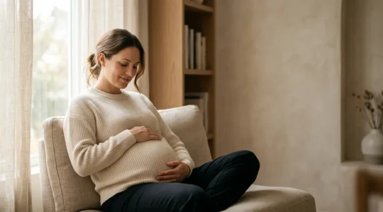 Pregnant woman resting peacefully in natural window light environment