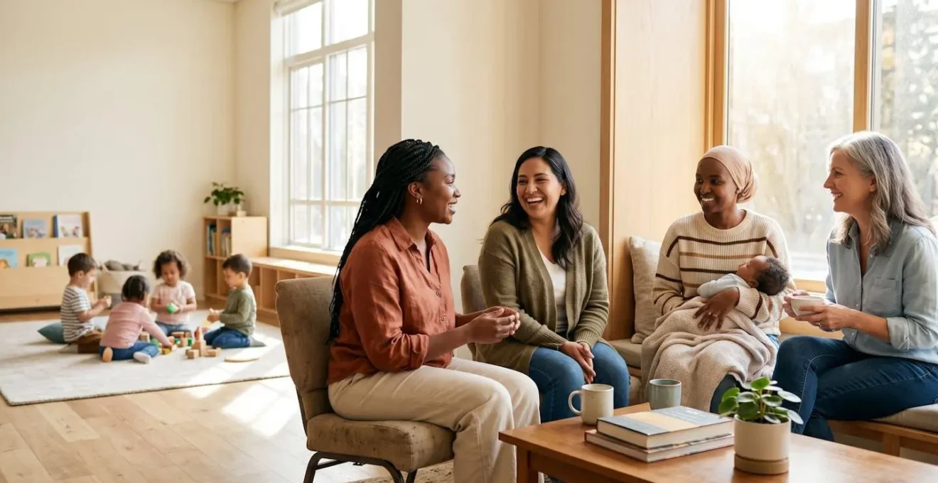 Mothers meeting in community space with children playing nearby, natural connection and warmth