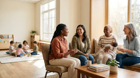 Mothers meeting in community space with children playing nearby, natural connection and warmth