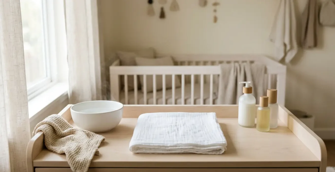 Peaceful newborn care moment showing natural bath preparation and gentle skincare essentials on clean surface