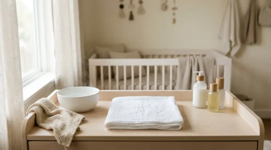 Peaceful newborn care moment showing natural bath preparation and gentle skincare essentials on clean surface
