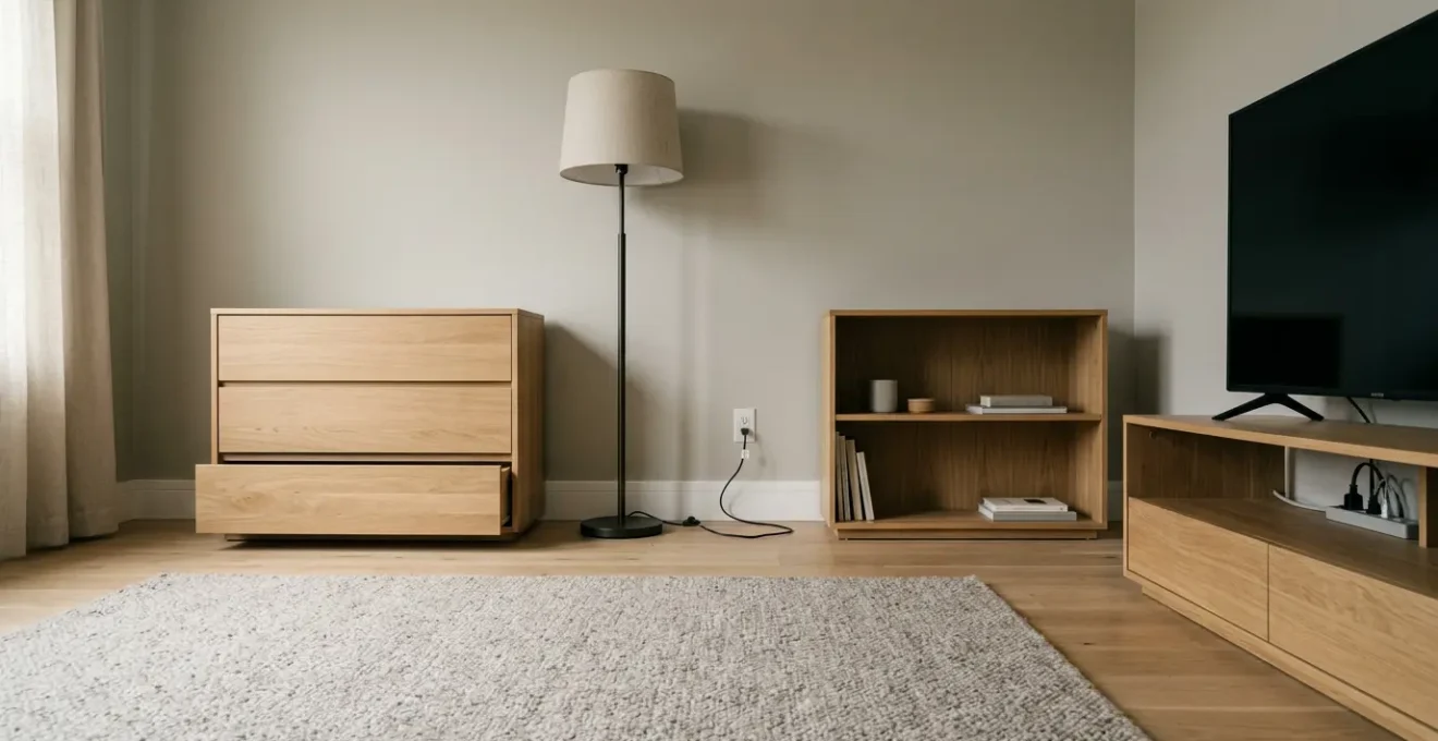 Modern living room showcasing potential hidden hazards for toddlers with safety-conscious perspective