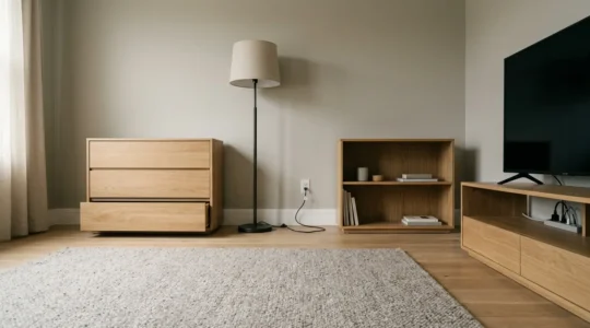 Modern living room showcasing potential hidden hazards for toddlers with safety-conscious perspective