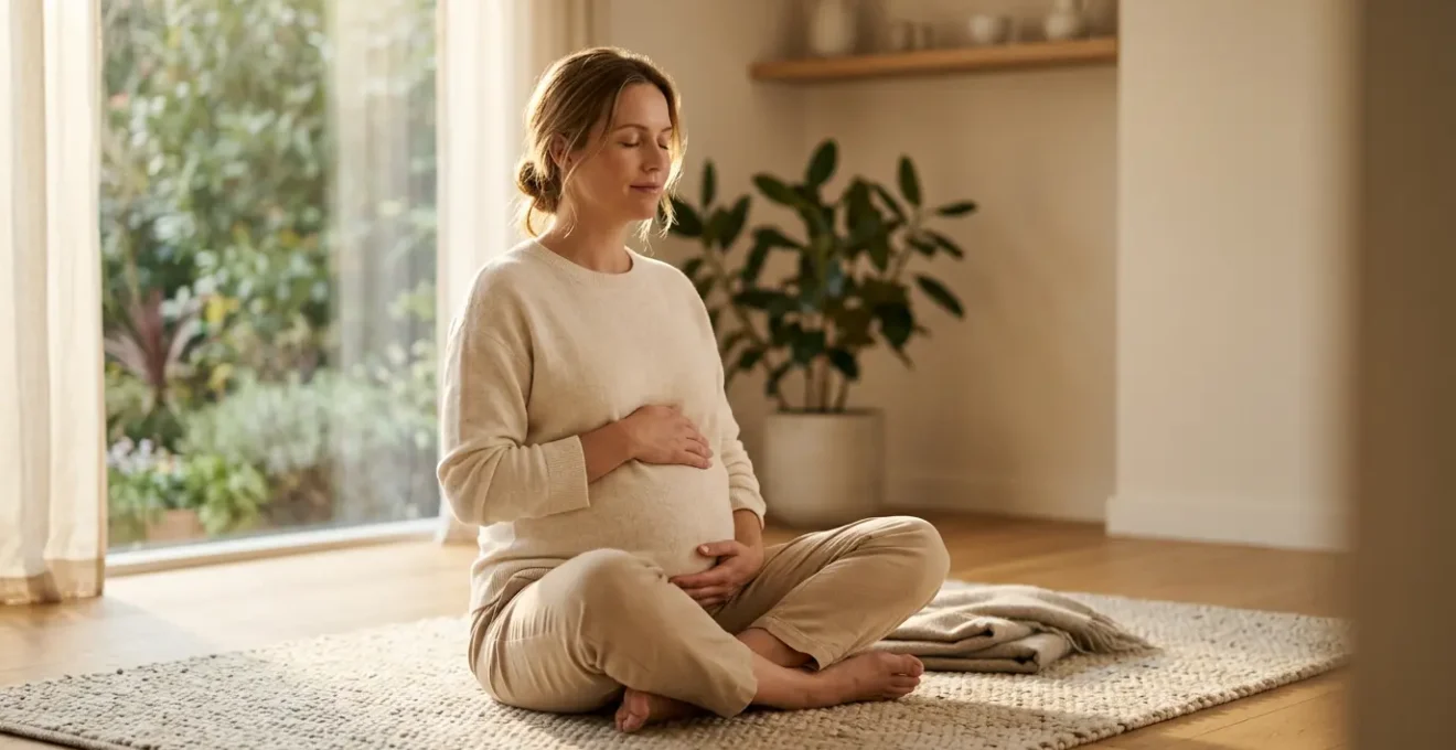 Pregnant woman in peaceful meditation surrounded by natural light and calming environment
