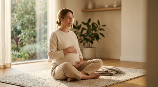 Pregnant woman in peaceful meditation surrounded by natural light and calming environment