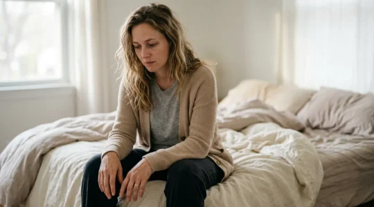 A new mother experiencing the emotional transition of day three postpartum in natural morning light