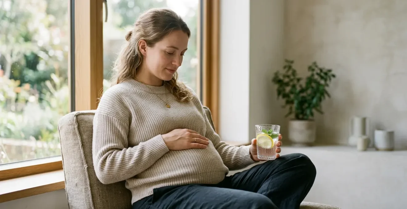 Pregnant woman staying hydrated during nausea challenges