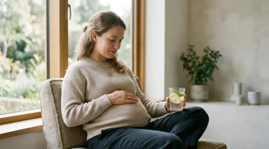 Pregnant woman staying hydrated during nausea challenges