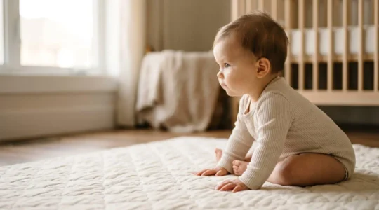 Baby learning to sit independently with supportive environment