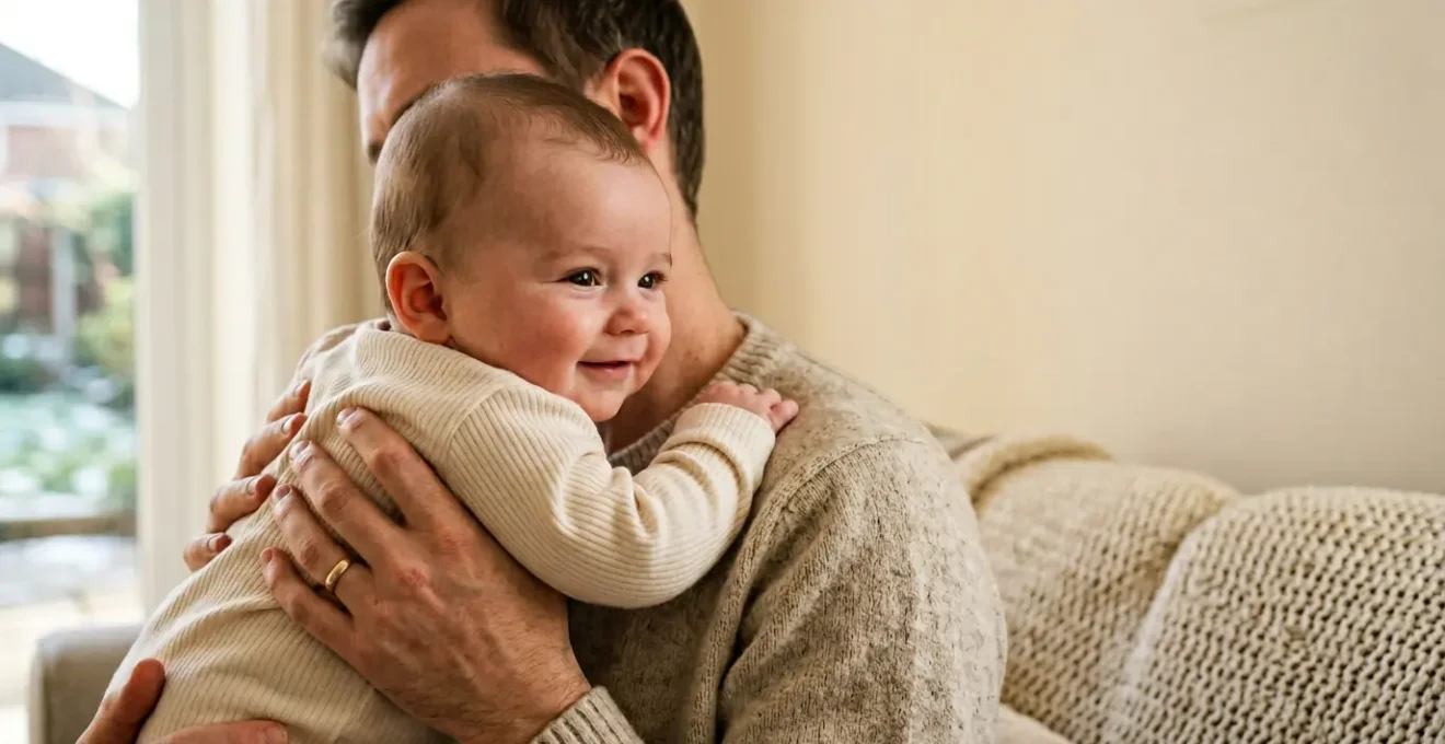 Natural light editorial photograph showing a healthy infant in comfortable indoor setting during cold season with caring parent, emphasizing warmth and immune health protection