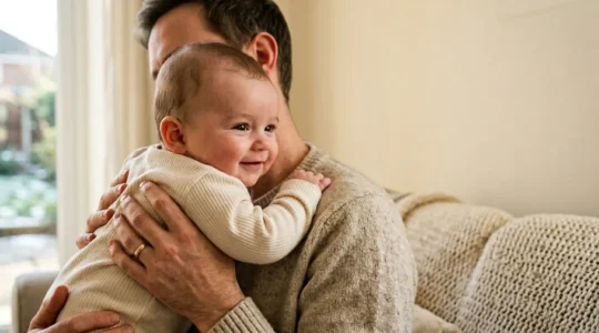 Natural light editorial photograph showing a healthy infant in comfortable indoor setting during cold season with caring parent, emphasizing warmth and immune health protection