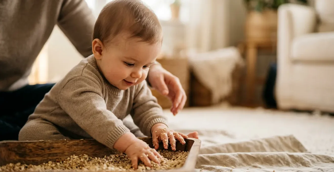 Baby exploring safe textured materials in sensory bin during supervised play session