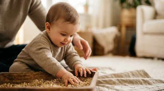 Baby exploring safe textured materials in sensory bin during supervised play session