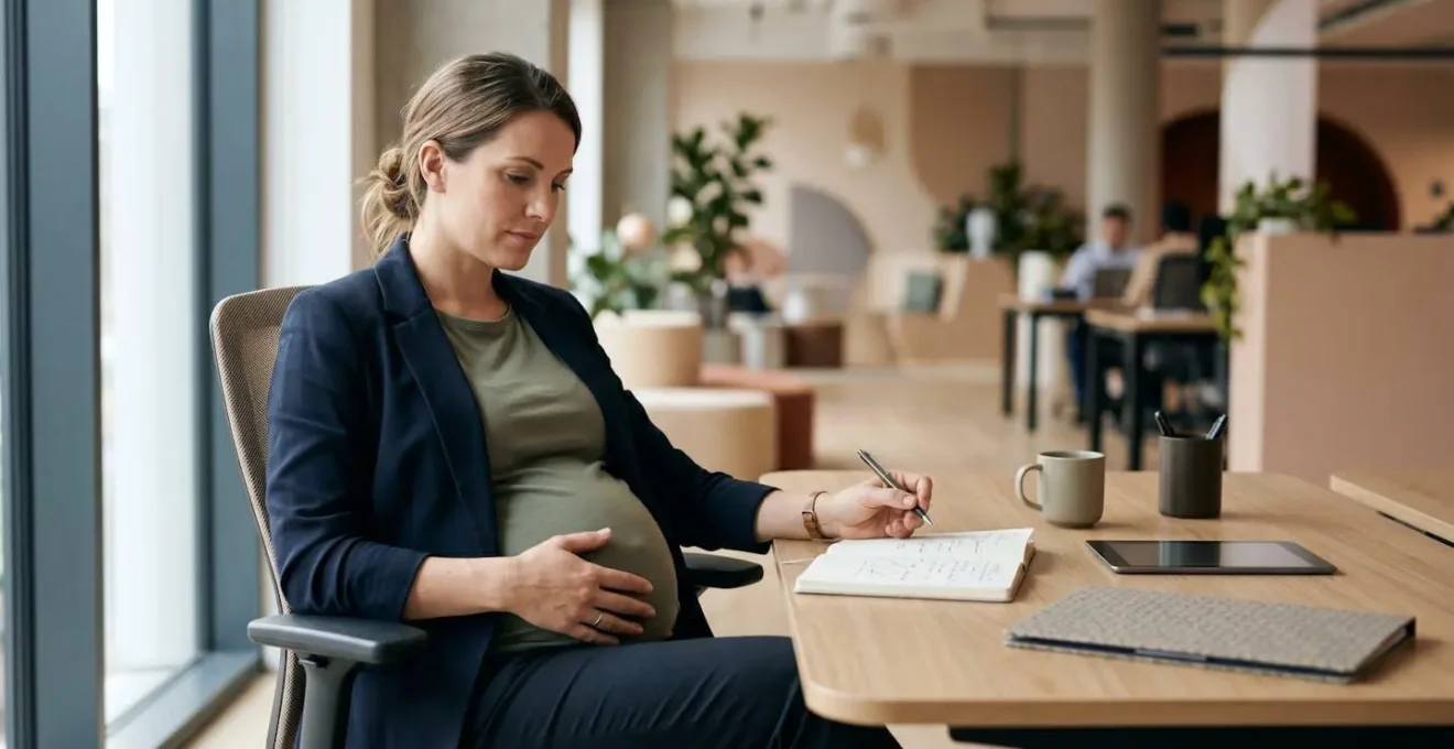 Pregnant professional woman working ergonomically with natural light and supportive workspace setup