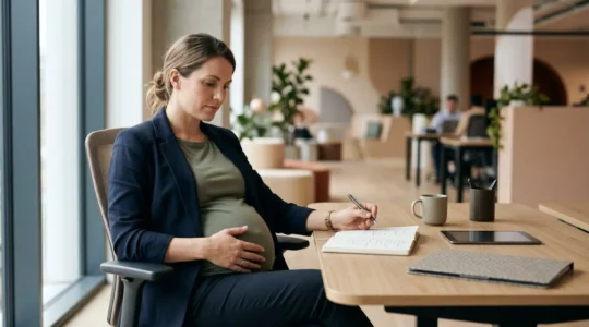 Pregnant professional woman working ergonomically with natural light and supportive workspace setup