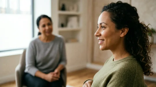 Pregnant woman having a thoughtful conversation with healthcare provider in warm natural light showing trust and connection