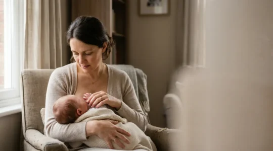 A mother experiencing a tender moment during breastfeeding consultation with her infant