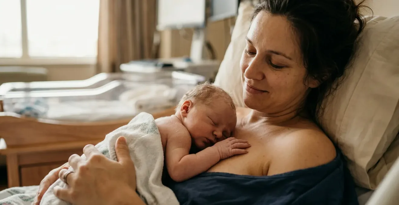Newborn baby resting on mother's bare chest during immediate skin-to-skin contact in the first hour after birth