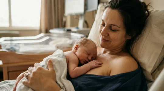 Newborn baby resting on mother's bare chest during immediate skin-to-skin contact in the first hour after birth