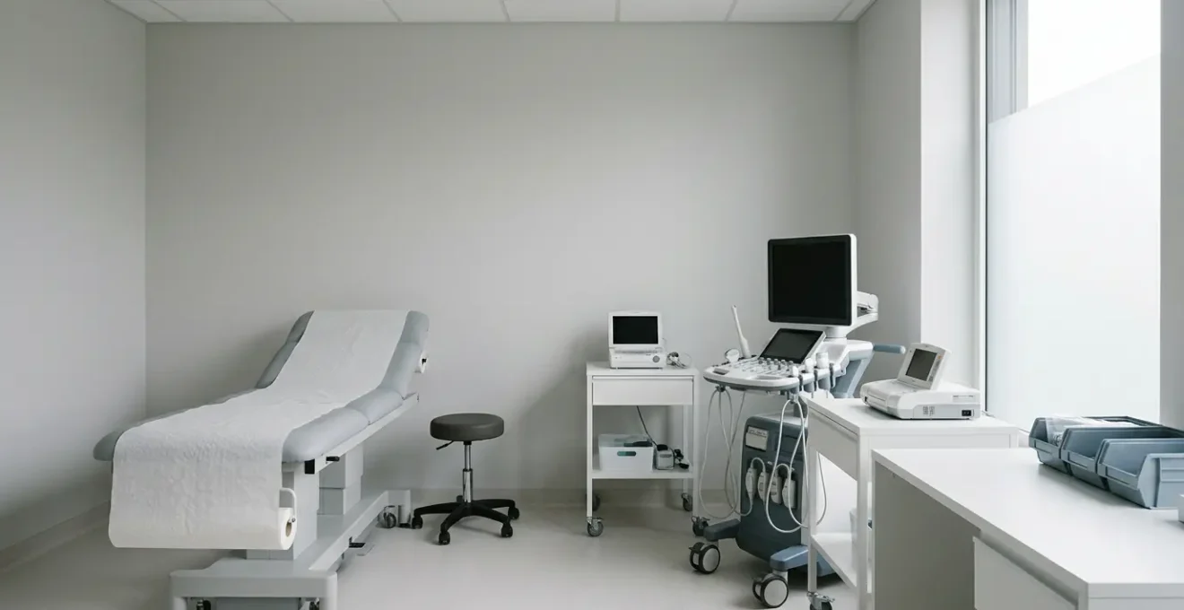 Professional medical setting showing prenatal monitoring equipment in soft natural light with clean composition