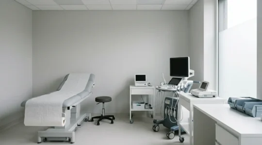 Professional medical setting showing prenatal monitoring equipment in soft natural light with clean composition