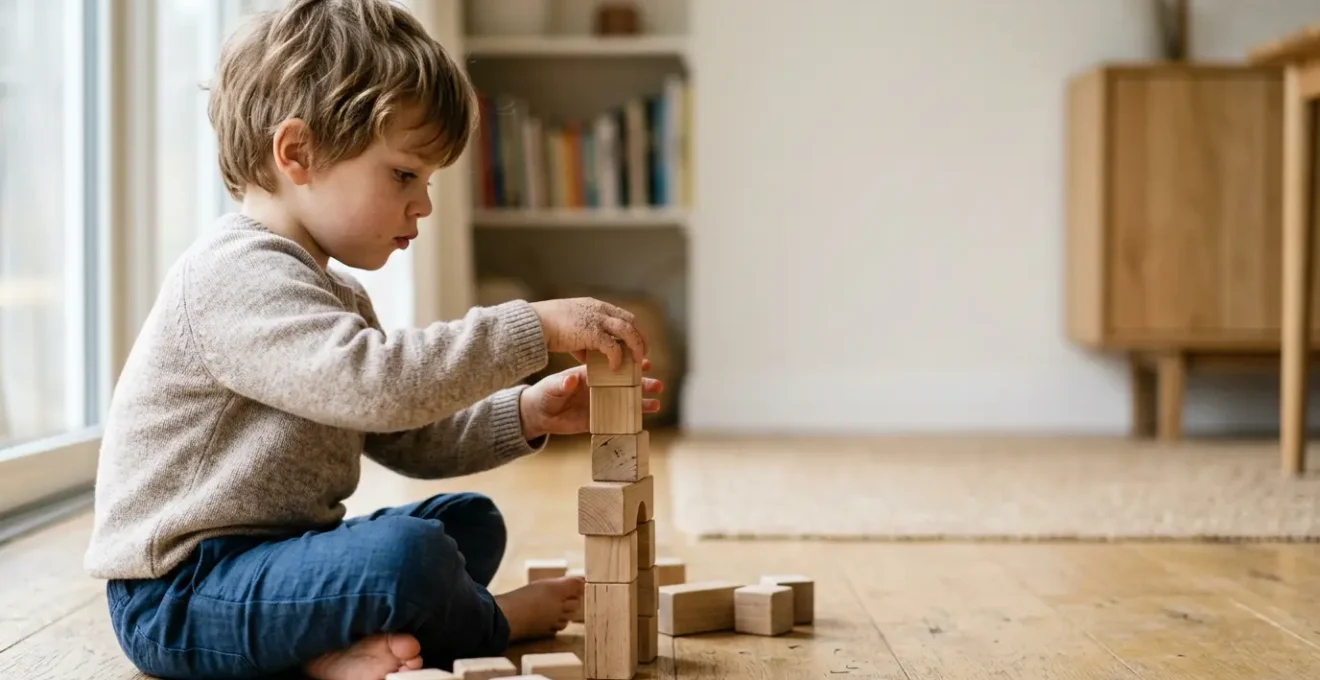 Child deeply engaged in creative block building activity showing focused imaginative play