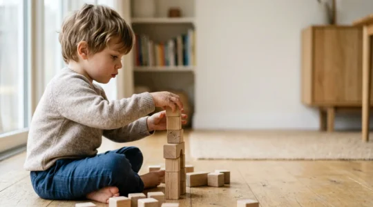Child deeply engaged in creative block building activity showing focused imaginative play
