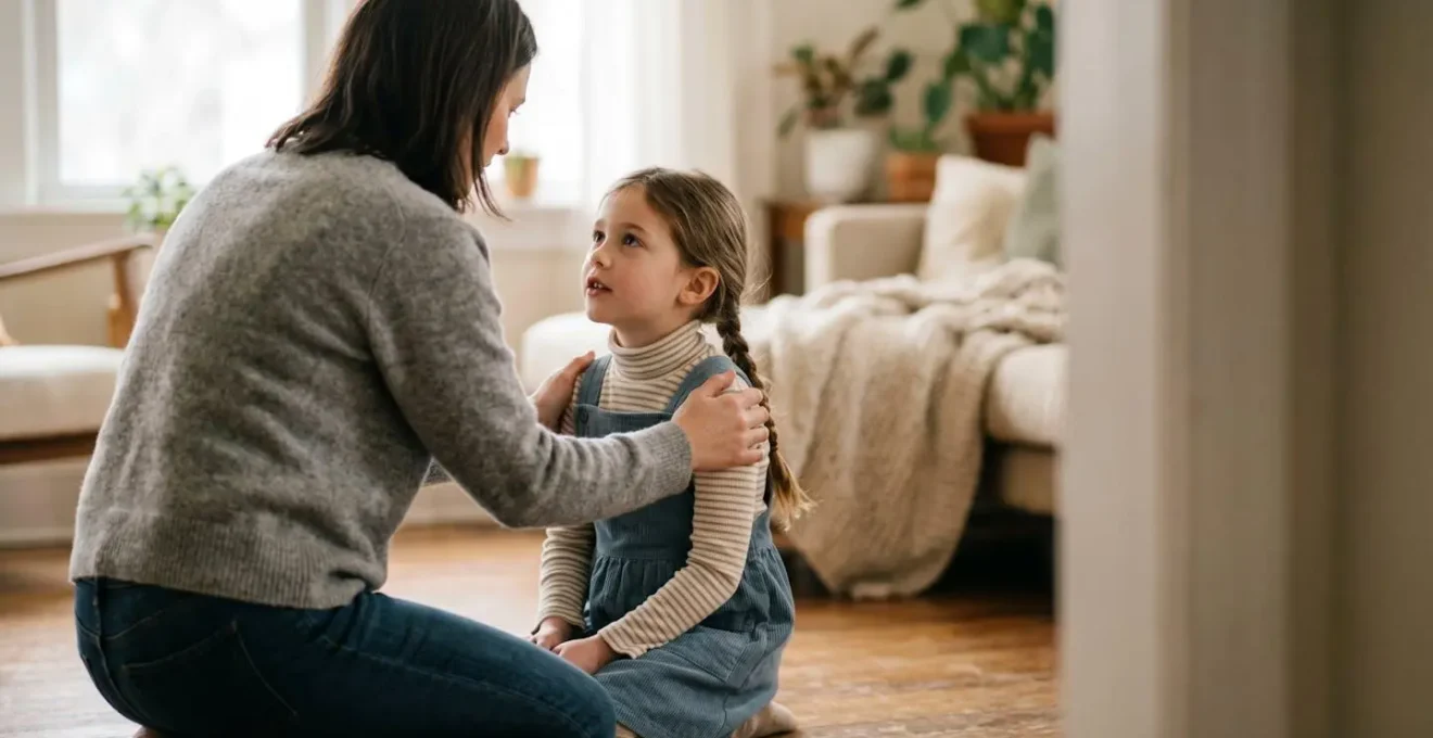 A parent kneeling at child's eye level in a warm home setting during a meaningful conversation