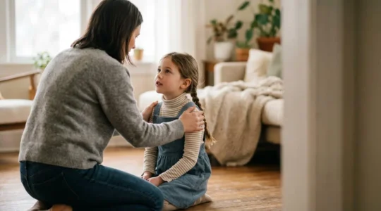 A parent kneeling at child's eye level in a warm home setting during a meaningful conversation