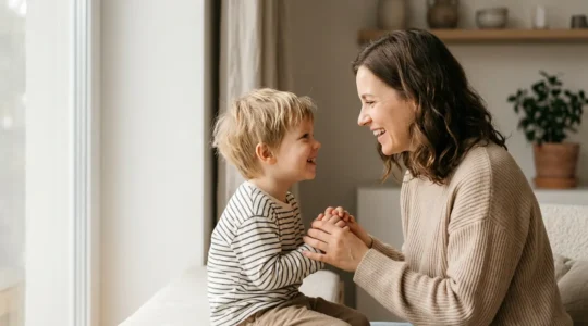 Warm parent-child morning connection moment showing undivided attention and emotional bonding