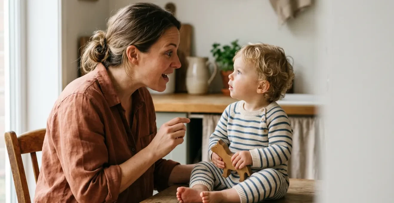 Parent and toddler engaged in everyday activity while parent describes actions aloud