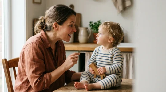 Parent and toddler engaged in everyday activity while parent describes actions aloud